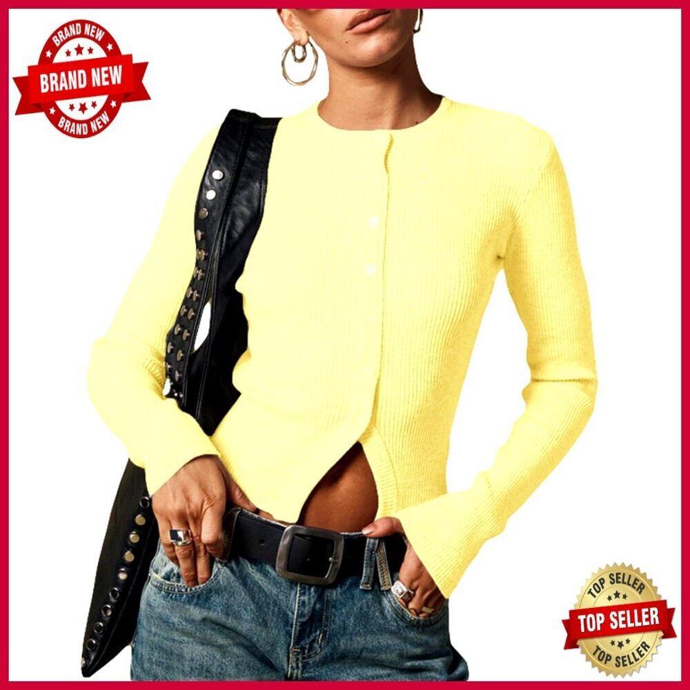 Medium Ribbed Cropped Cardigan Button Down Long Sleeve Slim Fit